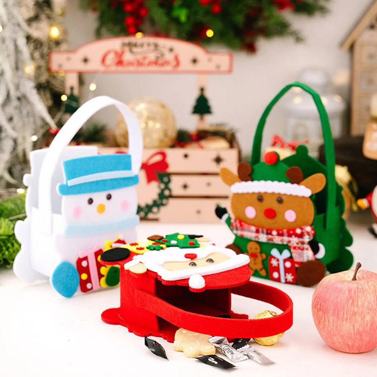 Christmas Party Favor Bags with Handle – Set of 3 Fabric Baskets Holiday Favor Bags Qme