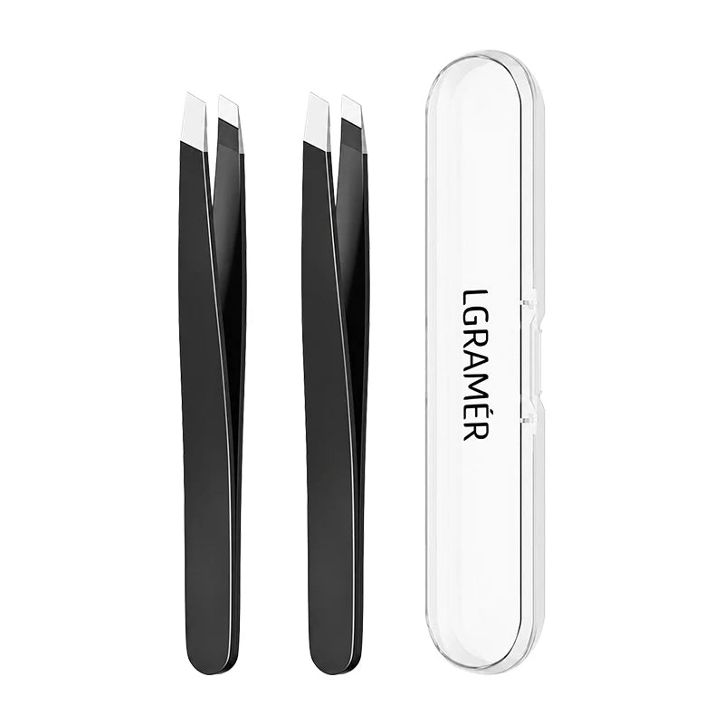 Precision Slant Eyebrow Tweezers with Travel Case – Stainless Steel Eyebrow Tweezers Qst black-2pcs