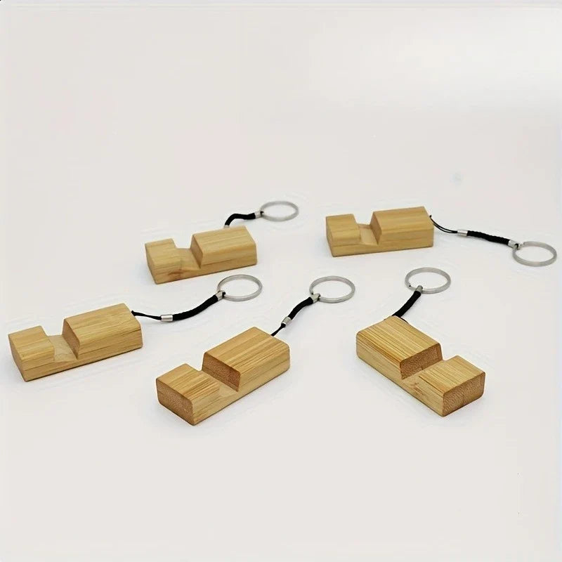 Bamboo Wood Phone Stand Keychain | Mini Portable Cell Holder Keychain Phone Stand Qme