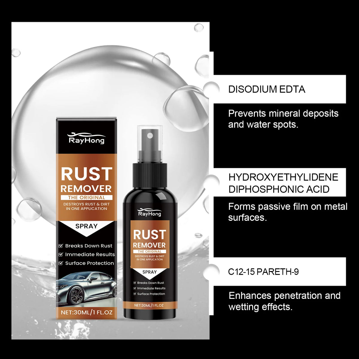 Rayhong Car Rust Remover Spray – Metal Gloss Restoration 30ml Car Rust Remover Qst