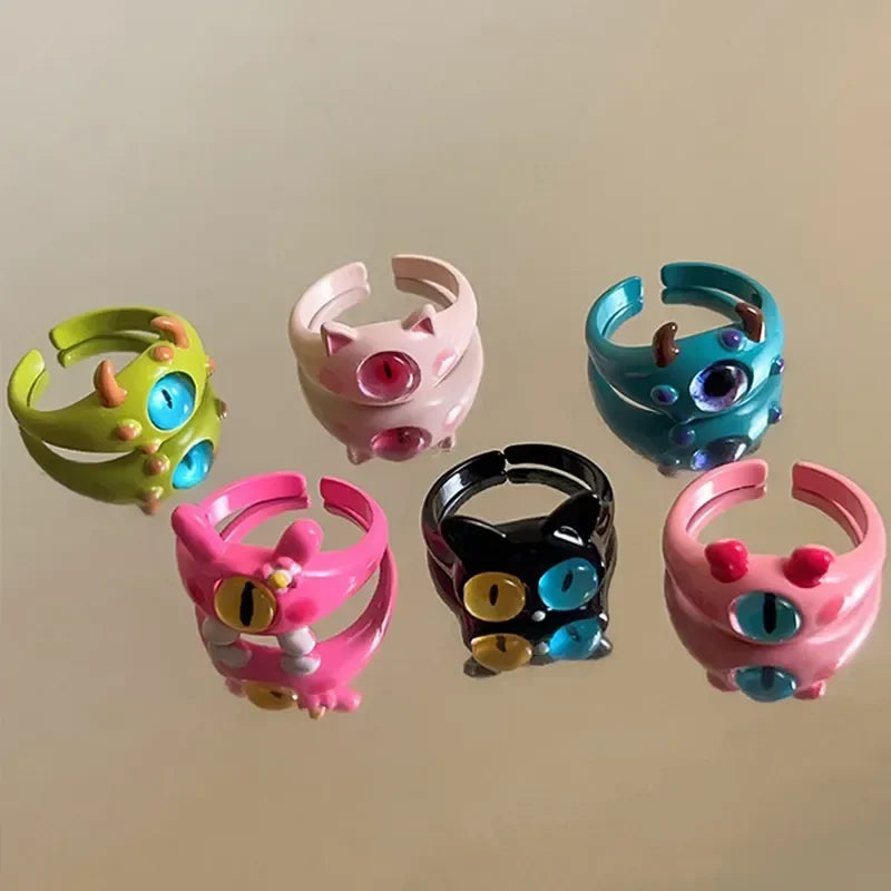 Cute Cartoon Cat Monster Resin Open Ring – Fun Statement Jewelry Novelty Fashion Ring Qme