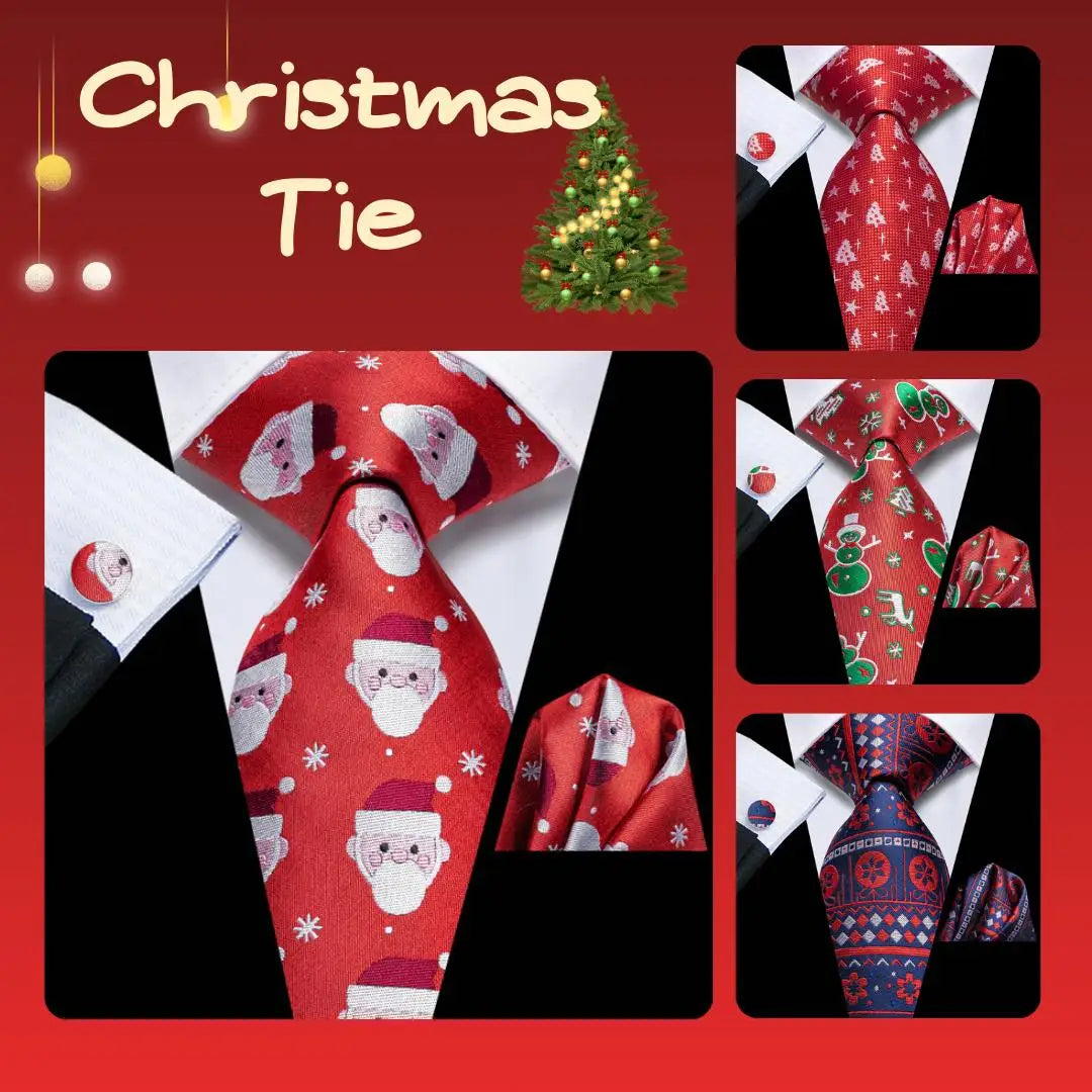 Men's Christmas Red Necktie, Pocket Square & Cufflinks Set Necktie Gift Set Qme