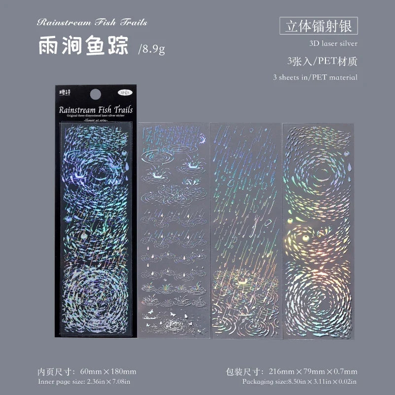 Kawaii PET Laser Silver Stickers – 3 Sheet Element Collection Decorative Stickers Qme 1