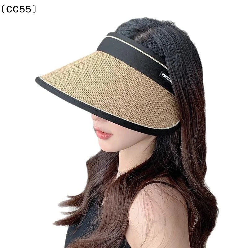Women's Foldable Straw Visor Open Top UV Beach Sun Hat Straw Sun Visor Qst