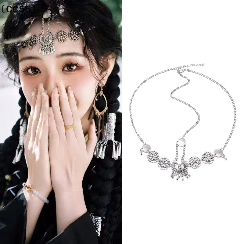 Vintage Flower Head Chain Hairband – Layered Tassel Tassel Head Chain Qst
