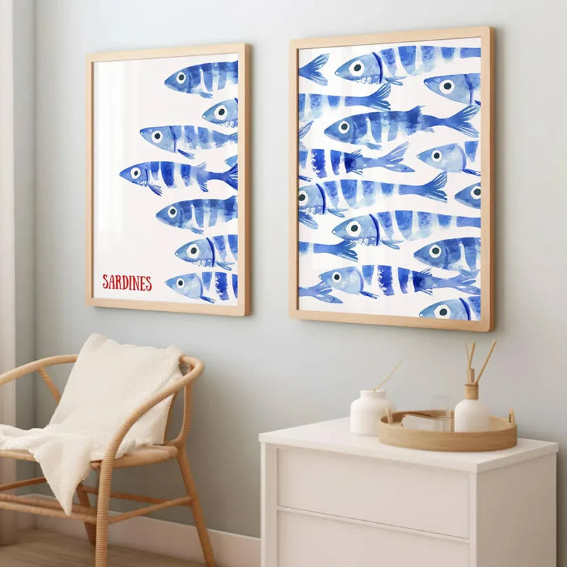 Japanese Blue Sardines Fish Canvas Poster | Kitchen Wall Art Canvas Wall Art Qst