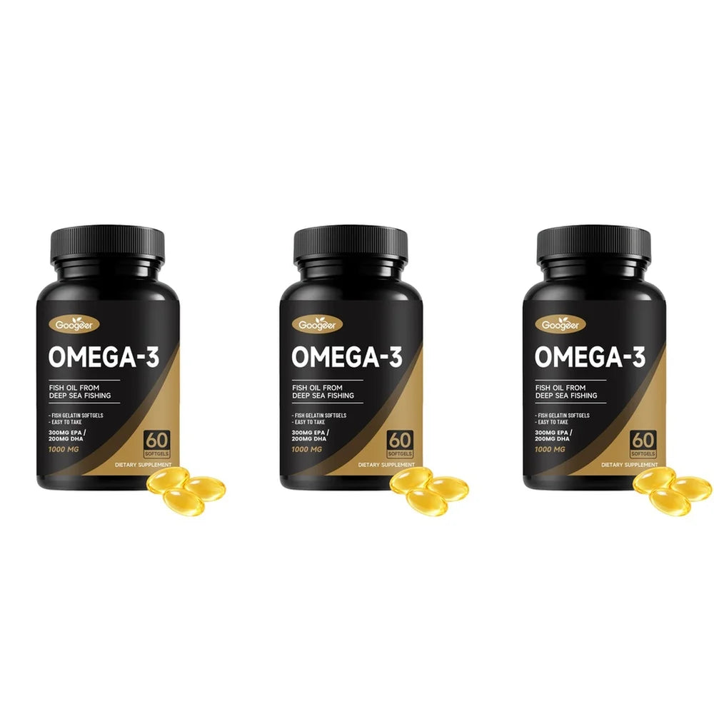 Googeer Omega-3 Fish Oil Softgels EPA 300mg DHA 200mg 60ct Fish Oil Supplement Qst 3 Bottles 180 Pieces
