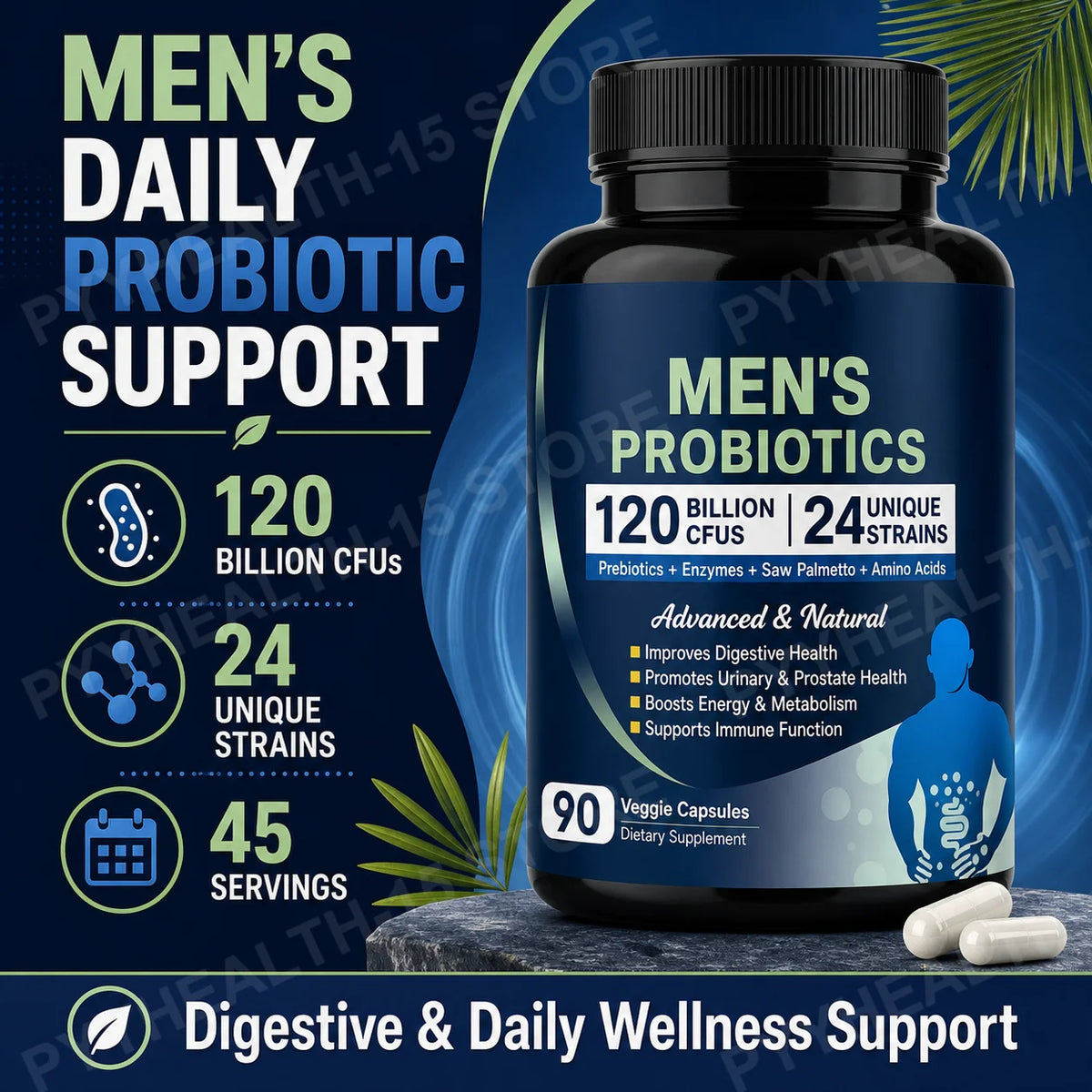 Probiotics for Men 120B CFUs 24 Strains Enzymes Prebiotics 90 Caps Probiotic Supplement Qst