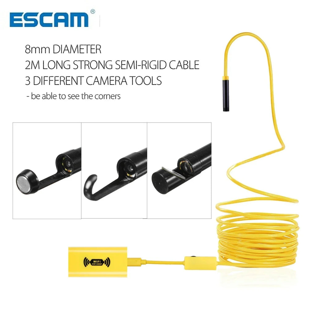 ESCAM WiFi Borescope Camera HD 1200P 8 LED Waterproof | 2-10M Borescope Inspection Camera Qme