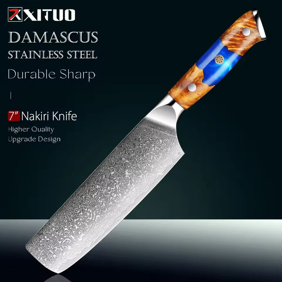 7" Nakiri Knife – Japanese Damascus Steel & Wood Handle Nakiri Chef Knife Qst