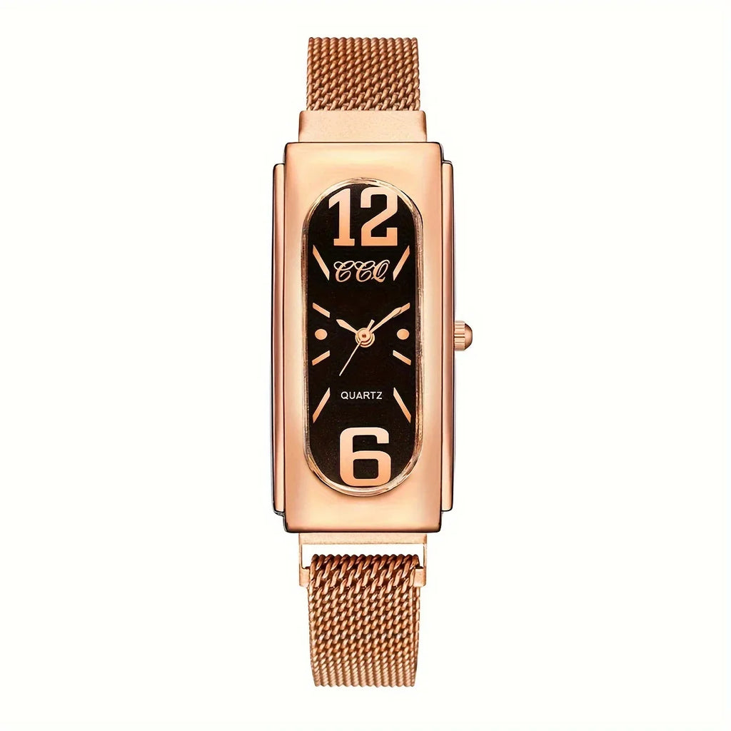 Ladies' Rectangular Dial Quartz Watch – Steel Mesh Strap Women's Fashion Watch Qme