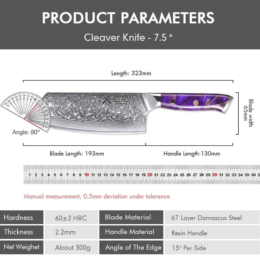 DASHWAY 7.5" Damascus Steel Cleaver Knife – Chef's Slicer Damascus Cleaver Knife Qst