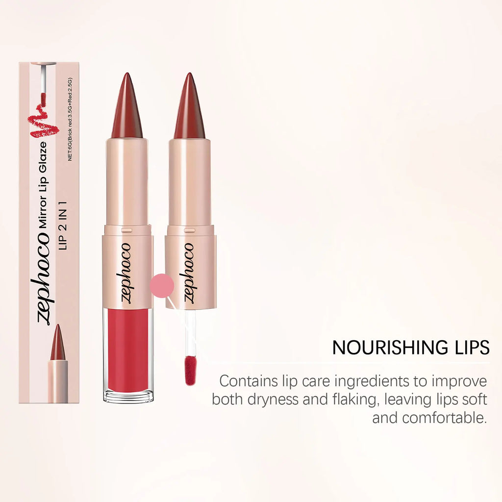 Zephoco 2-in-1 Mirror Lip Gloss & Liner – Brick Red Lip Gloss & Liner Qst