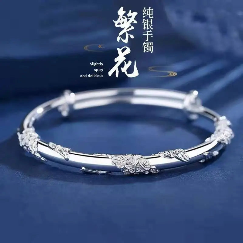 Embossed Floral Silver Plated Adjustable Bangle Bracelet Floral Bangle Bracelet Qme