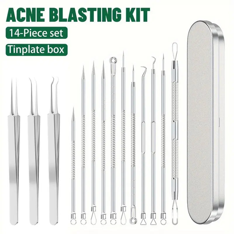 14-Piece Stainless Steel Blackhead Remover & Extraction Kit Skin Extraction Kit Qst