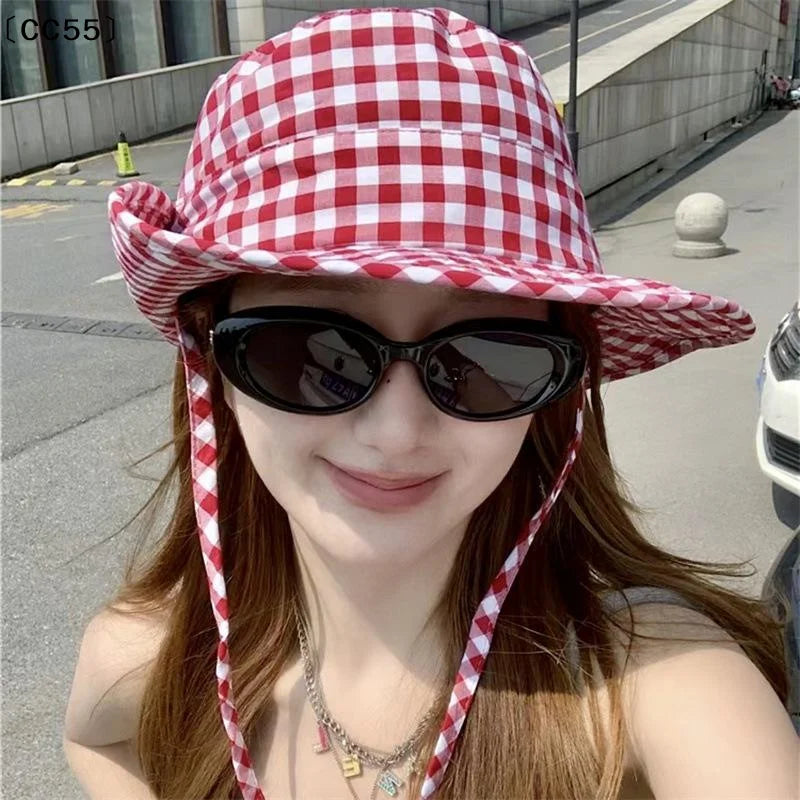 Vintage Plaid Bucket Hat – Wide Brim UV Sun Hat for Women Bucket Sun Hat Qst