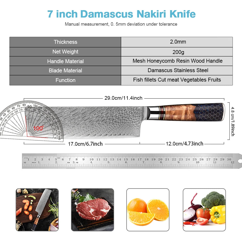 Xituo 7" Damascus Nakiri Knife – 67-Layer Steel Chef Knife Damascus Kitchen Knife Qst