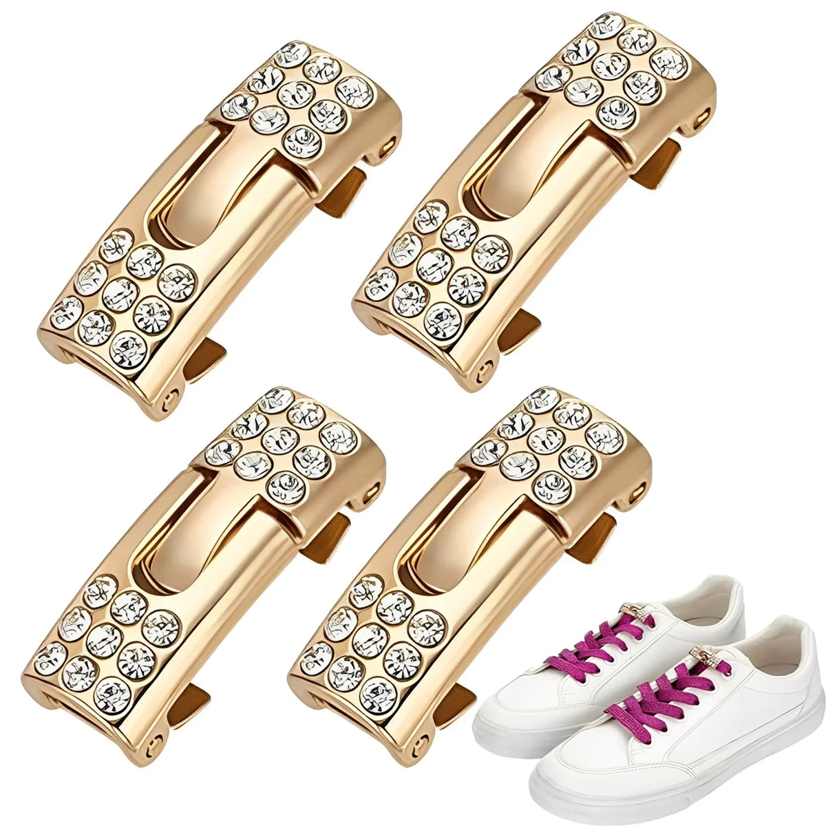 Diamond Bling No-Tie Shoelace Buckle Locks – Gold Metal Shoelace Buckle Locks Qme