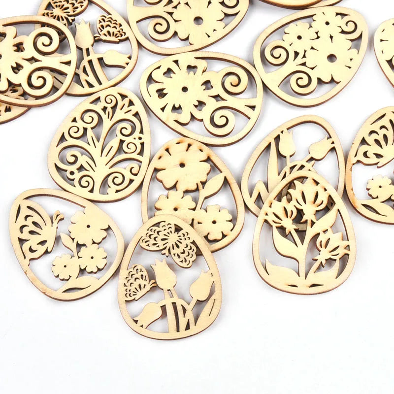 Hollow Flower Wooden Easter Egg Hangings – Mixed 20pcs 50x40mm Wooden Craft Ornaments Qme