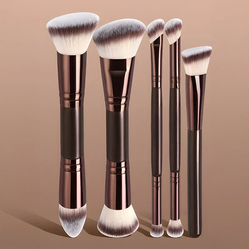 5-Piece Dual-Ended Professional Makeup Brush Set – Travel Makeup Brush Set Qme 5 coffee colored