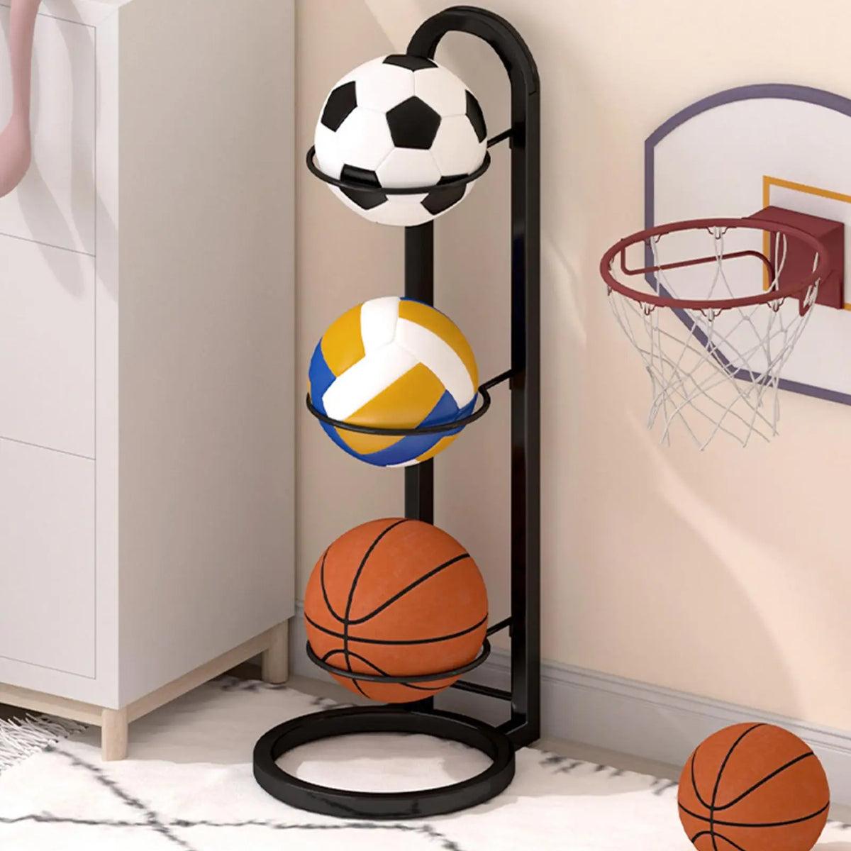 Bamboo Multi-Layer Ball Rack – Basketball & Football Stand Ball Storage Rack Qme