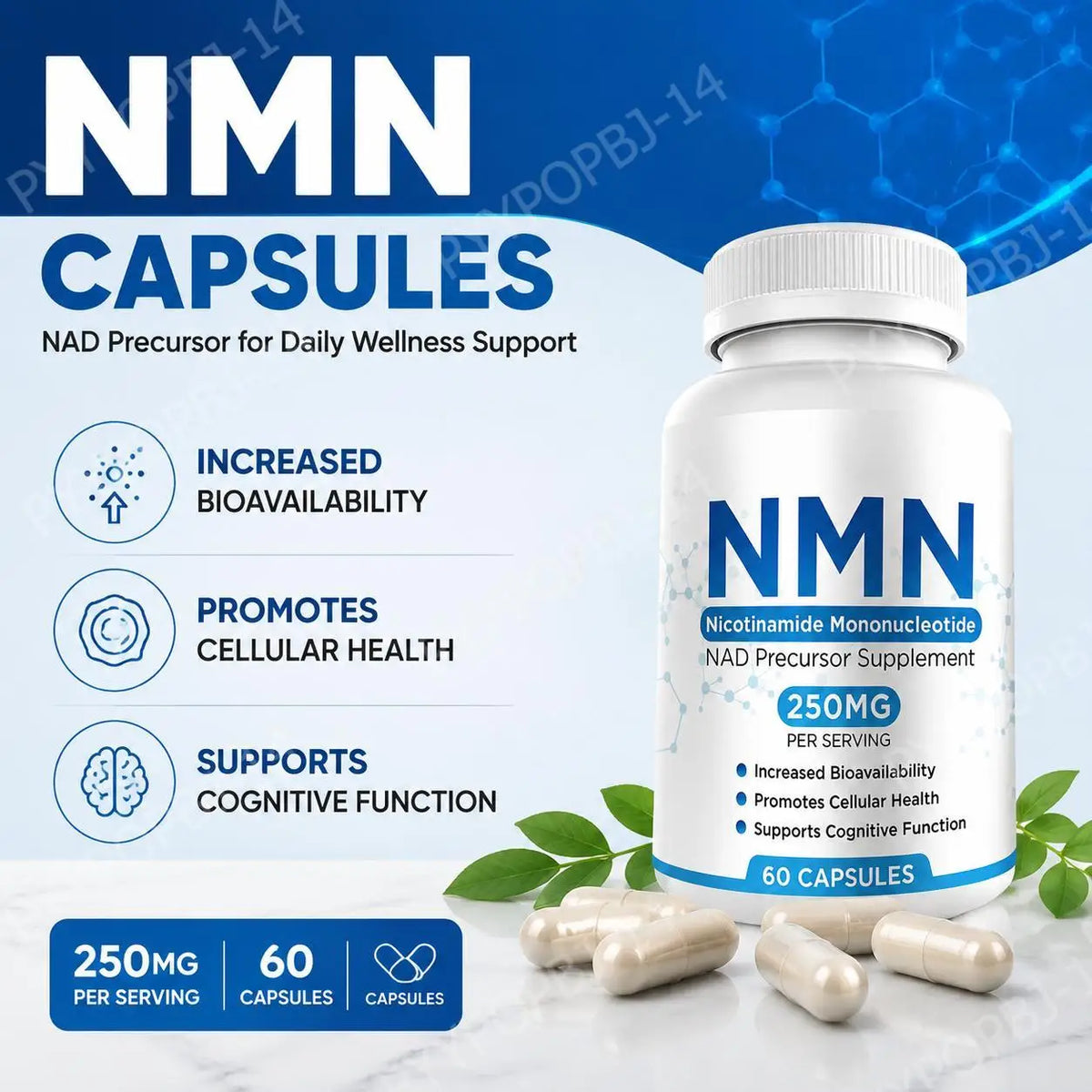 NMN Nicotinamide Mononucleotide 250mg Capsules – 60 Count NMN Supplement Capsules Qst
