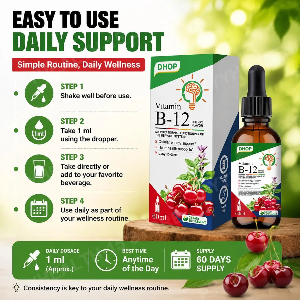 Vitamin B-12 Liquid Drops Methylcobalamin Cherry | 60ml Vitamin B12 Supplement Qst
