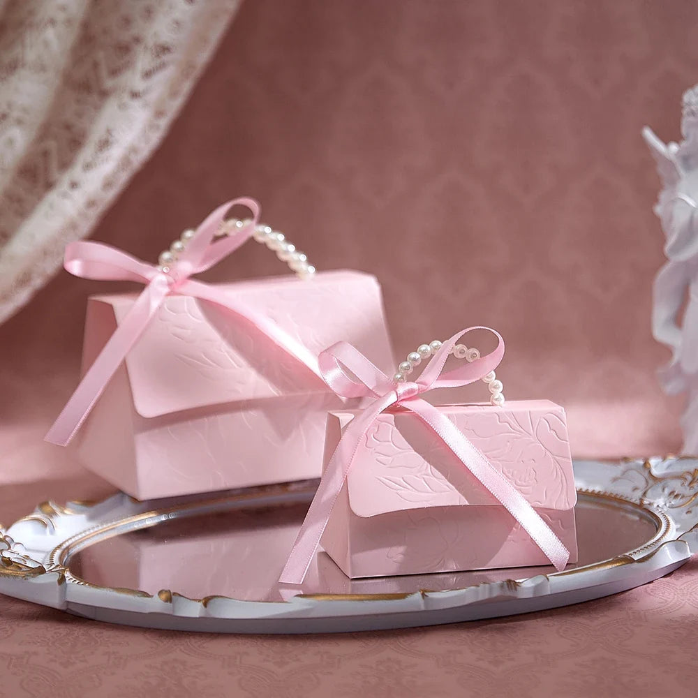 Pink 3D Flower Paper Gift Boxes with Pearl Handle – 10 Pcs Decorative Gift Box Qme