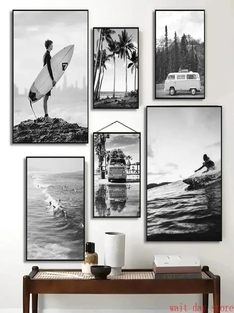 Beach Camper Van Ocean Canvas Wall Art – Surf Poster Print Canvas Wall Art Qst