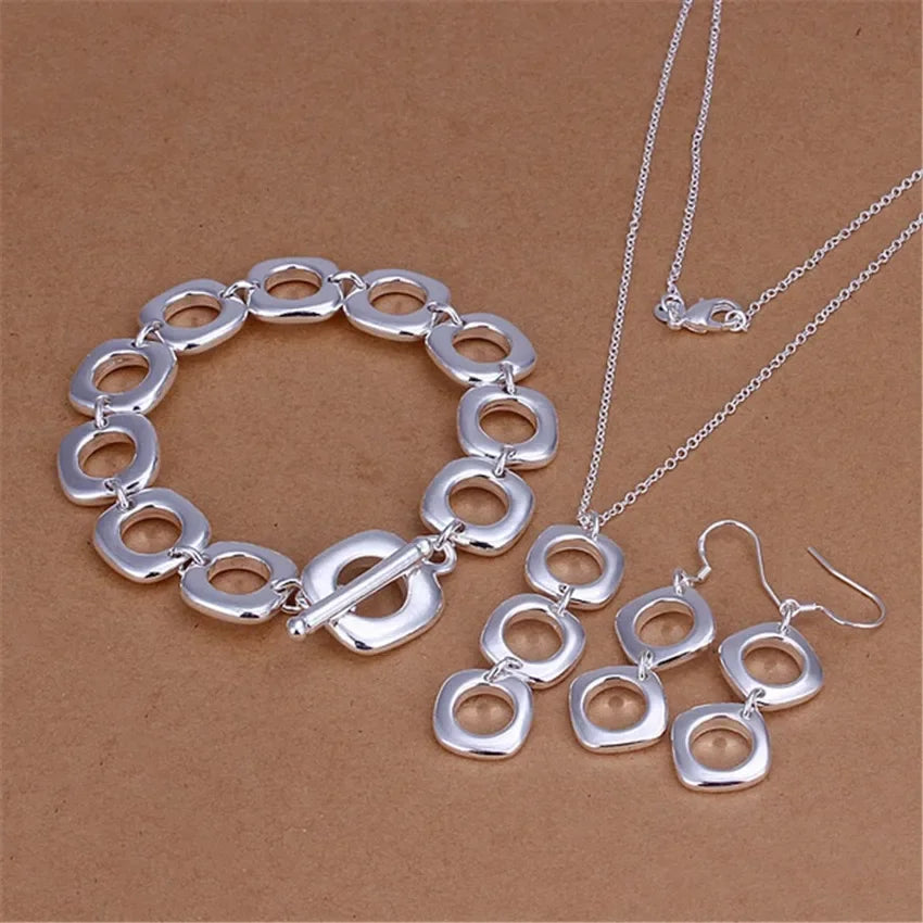 925 Sterling Silver Square Pendant Jewelry Set – Necklace, Bracelet & Earrings Sterling Silver Jewelry Set Qme SET 55cm and 20cm