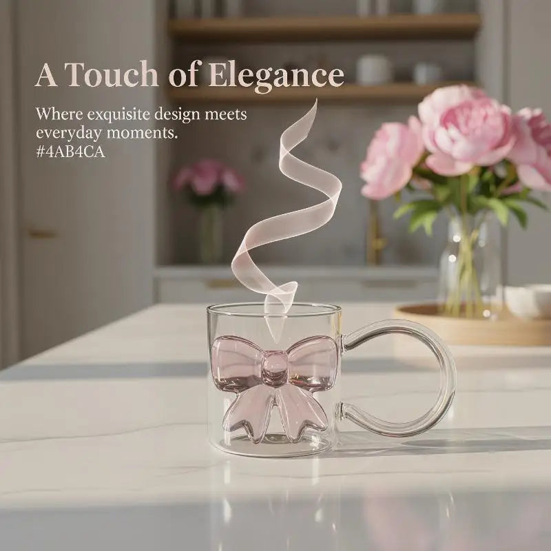 Pink Bow Glass Cup with Handle – Heat-Resistant Borosilicate Decorative Glass Cup Qme Default Title