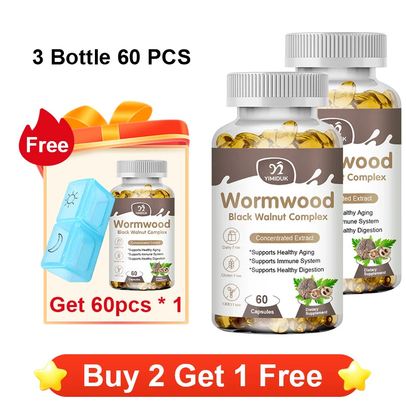 YIMIDUK Wormwood & Black Walnut Capsules 8050mg | Gut Health Herbal Supplement Qst 3 x 60pcs Improve