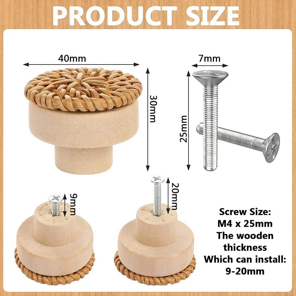 Rattan Wood Round Drawer Pulls – Handmade Cabinet Knobs 2 Pack Cabinet Drawer Pulls Qme