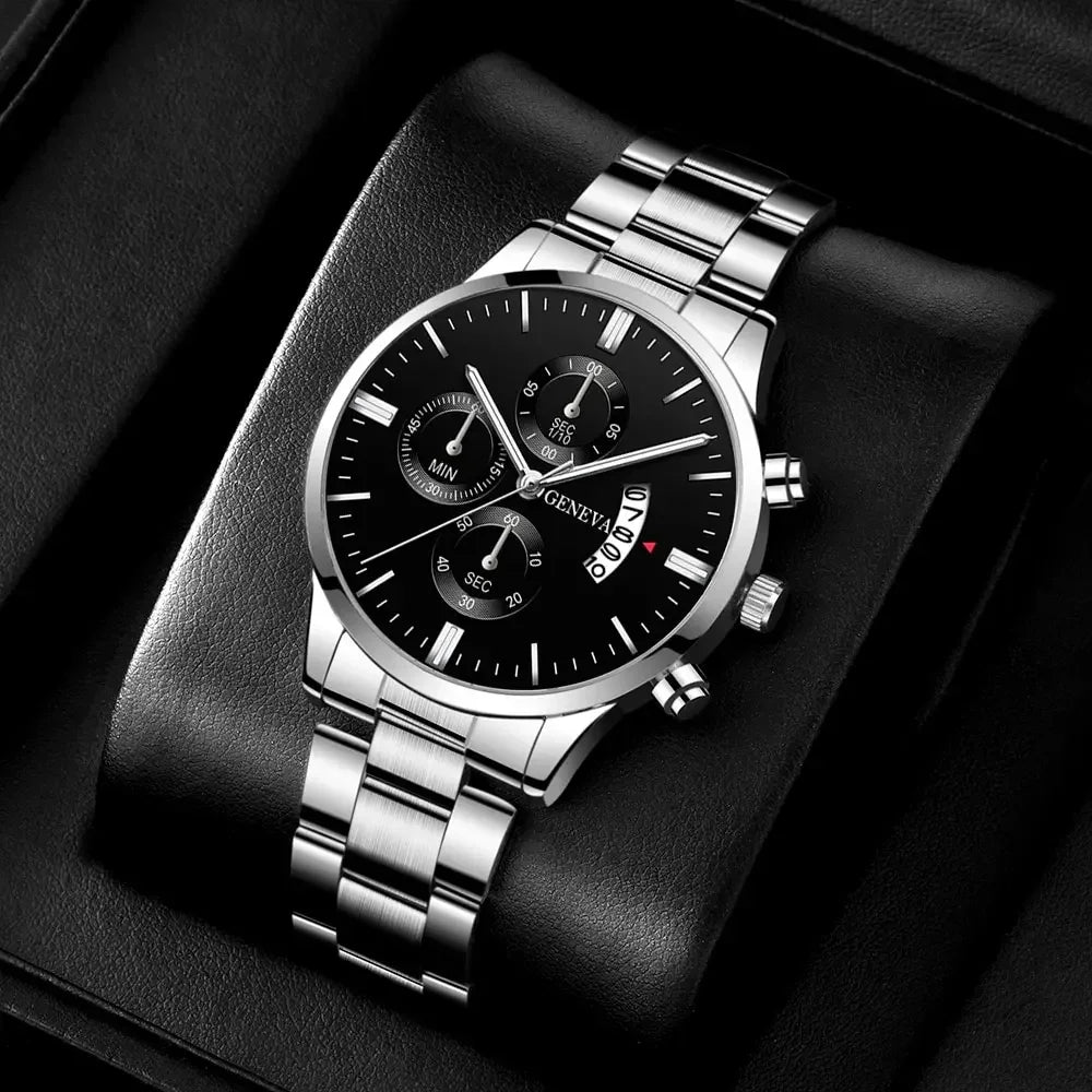 Men's Luxury Silver Stainless Steel Quartz Watch | Calendar Men's Quartz Watch Qme