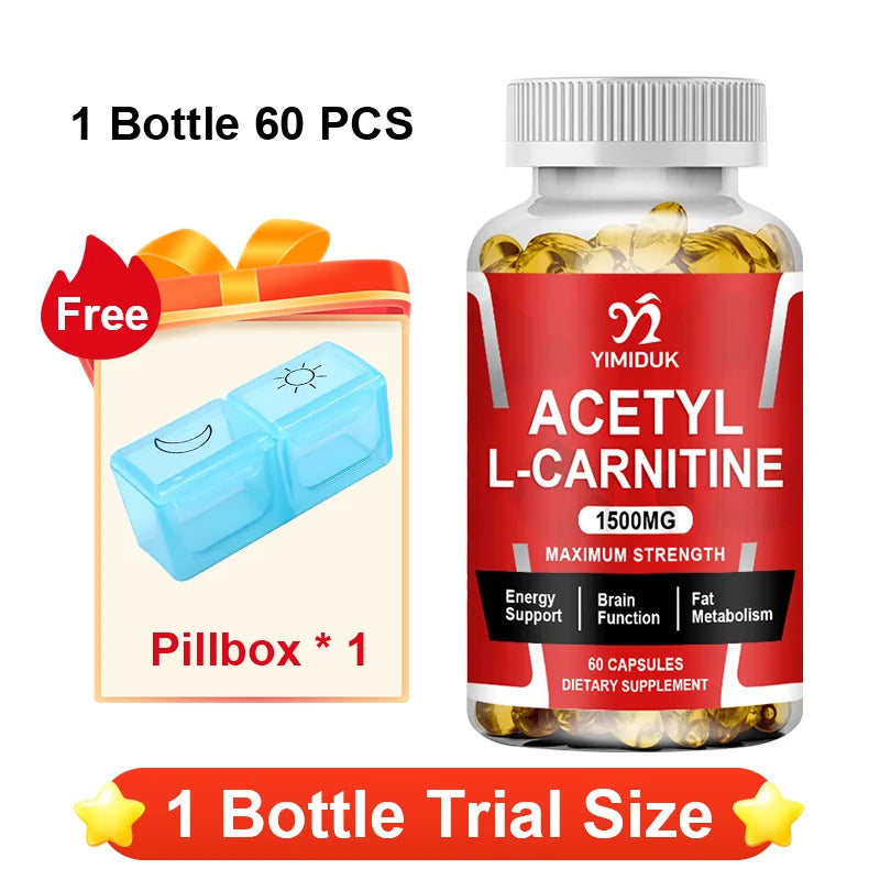 Yimiduk 1500mg Acetyl L-Carnitine 120 Capsules | Energy & Focus Dietary Supplement Qst 60pcs - Trial