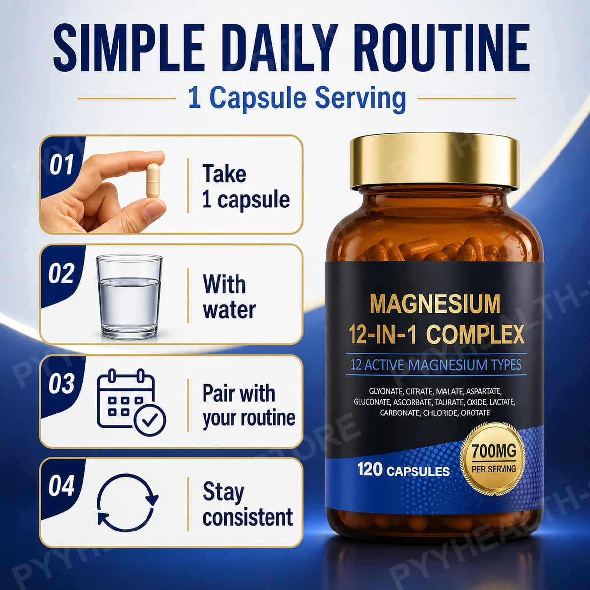 12-in-1 Magnesium Complex 700mg Vegan Capsules – 120 Count Magnesium Supplement Qst