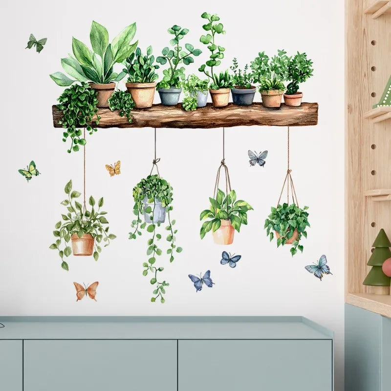 3D Potted Plant Shelf Wall Decals – Botanical Tropical Succulent Wall Decals Qme