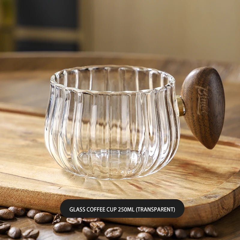 Striped Borosilicate Glass Coffee Mug with Wooden Handle Glass Coffee Mug Qst Transparent 250ml China Mainland