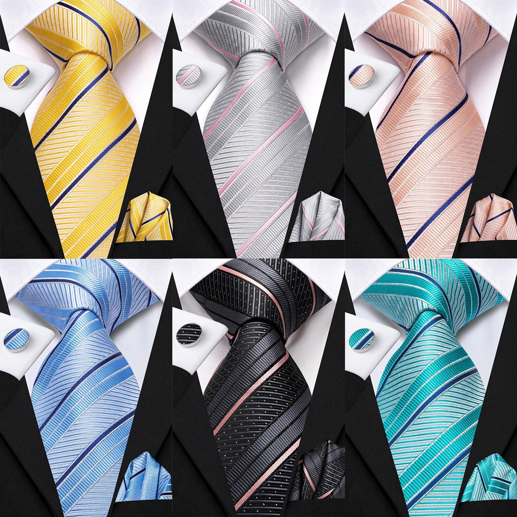 Hi-Tie Striped Silk Necktie Pocket Square Cufflinks Set Necktie & Pocket Square Set Qme
