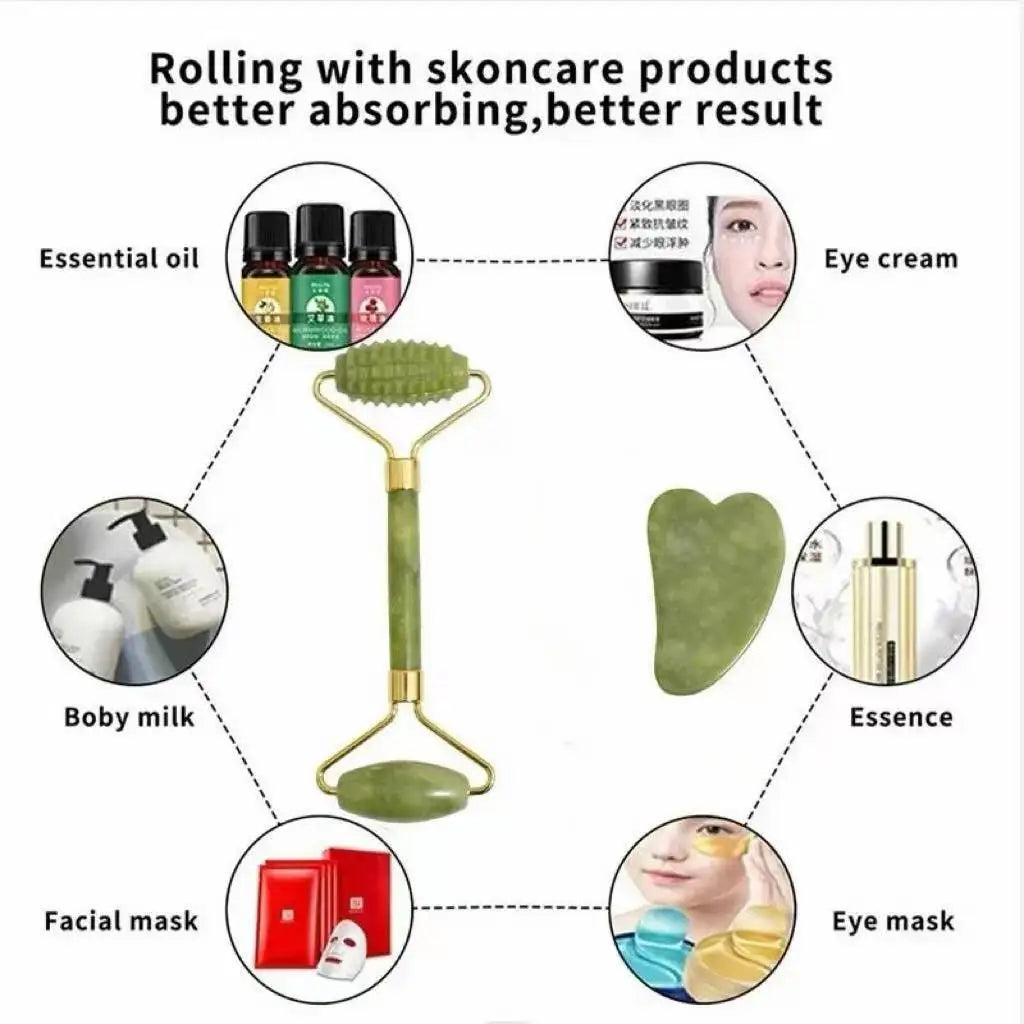 Natural Jade Roller & Gua Sha Stone Face Body Massager Jade Massage Tool Qme