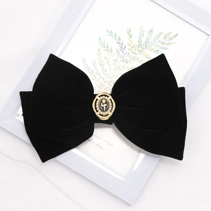 Black Velvet Bow Hairpin with Fabric Roses | Girls & Women Velvet Bow Hair Clip Qme A1