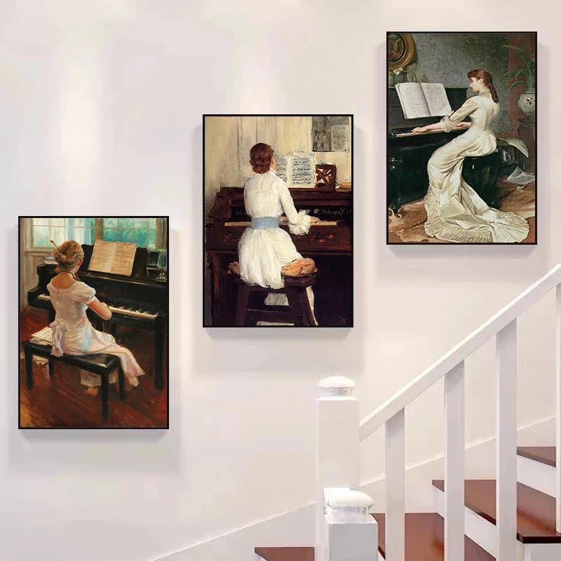 Vintage Piano Girl Aesthetic Canvas Wall Art Poster Print Canvas Wall Art Qst
