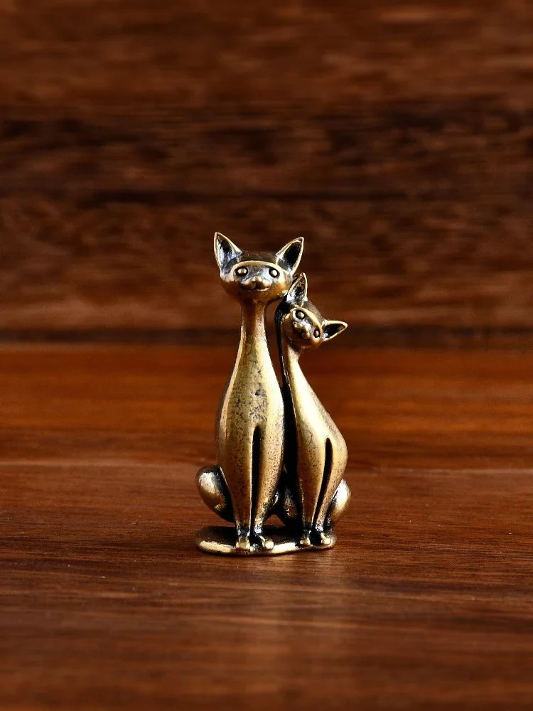 Brass Double Cat Sculpture – Desk & Home Decor Ornament Decorative Sculpture Qme