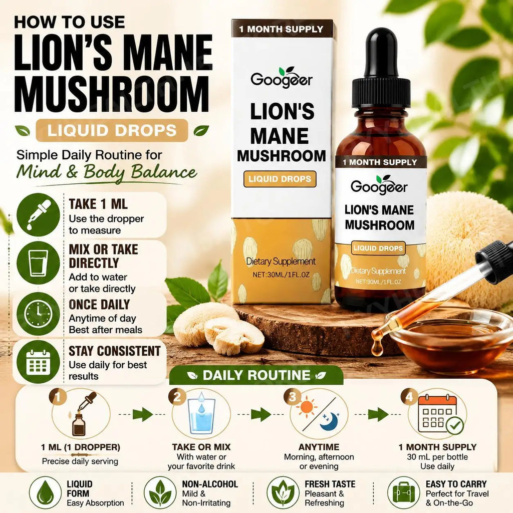 Lion's Mane Mushroom Liquid Drops 30ml – Vegan Non-GMO Extract Herbal Supplement Drops Qst