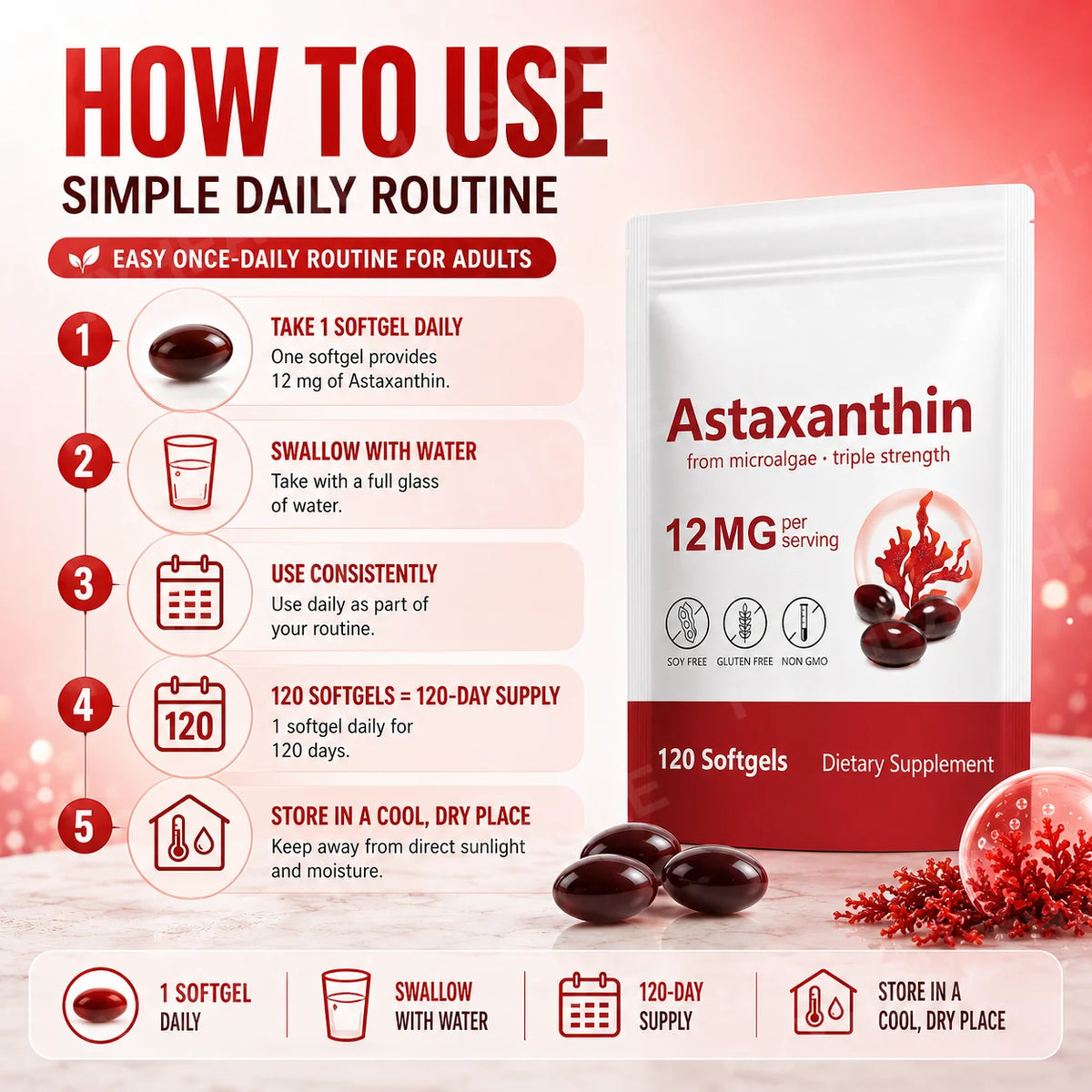 Astaxanthin 12mg Softgels – Microalgae Antioxidant, 120ct Antioxidant Supplement Qst