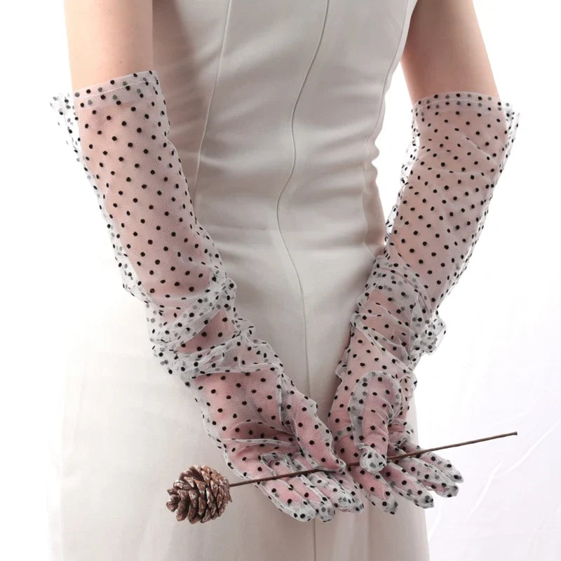 Women's Lace Fishnet Gloves – Gauze Wavy Dot Fashion Mittens Lace Fashion Gloves Qme