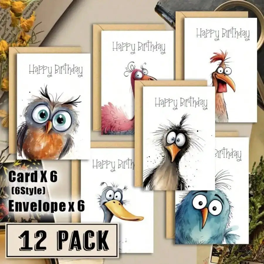 Funny Watercolor Bird Greeting Cards Set – 6 Cards & Envelopes Greeting Cards Set Qme