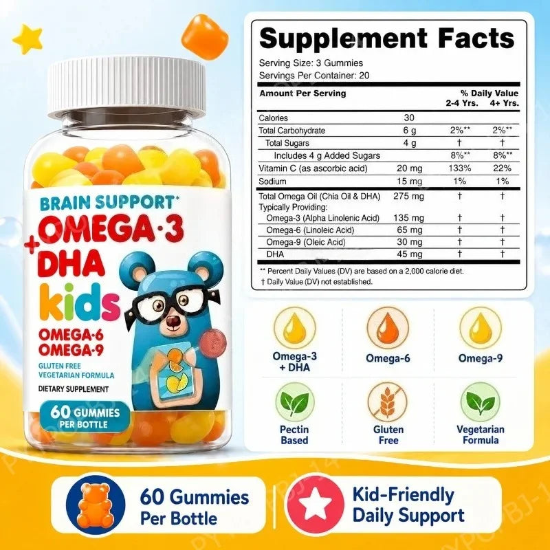 Kids Omega 3 DHA Gummies – Algae & Chia Oil, 60ct Vegetarian Kids Vitamin Gummies Qst