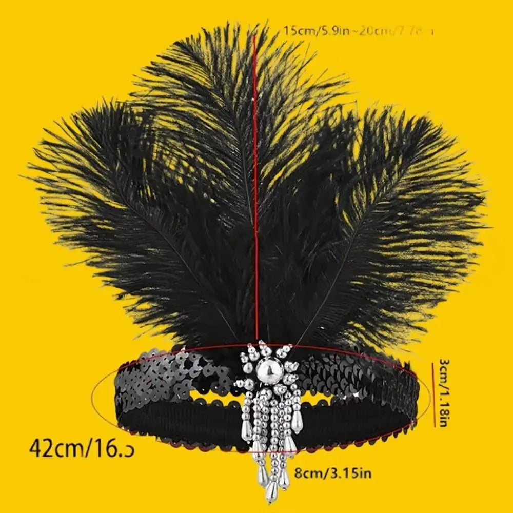 Retro 1920s Feather & Sequin Headband – Vintage Hair Hoop Feather Headband Qme