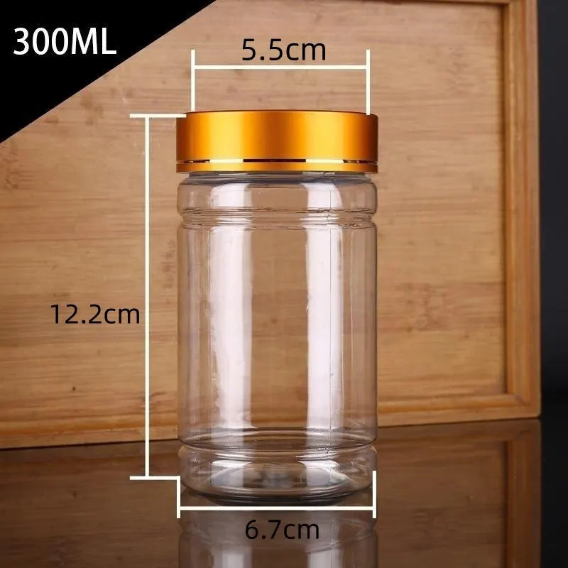 Transparent Plastic Jars with Metal Caps – Set of 5 Sealed Food Storage Jars Qme 300ml Gold lid 5 pcs